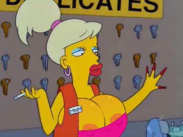 1girls big_breasts bimbo bimbo_lips blonde_hair boob_window cleavage earrings edited long_hair long_nails makeup nerota nipple_peek ponytail red_lipstick red_nails round_breasts screenshot_edit solo the_simpsons