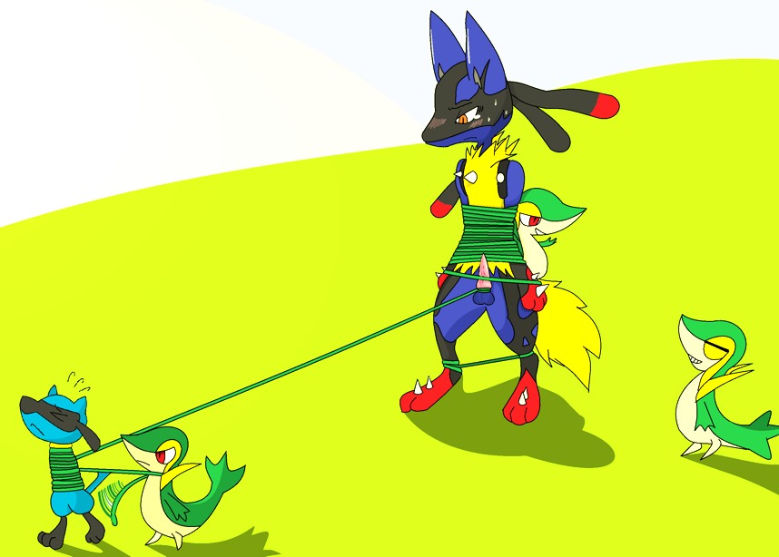 anthro blush bondage bonwolf bound interspecies looking_down lucario male malesub mammal masochism mega_evolution mega_lucario nintendo penis pokemon pokemon_(species) reptile riolu scalie size_difference small_dom_big_sub smile snivy spikes video_games vines