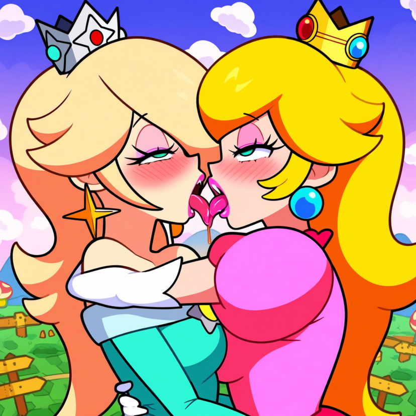 ahe_gao ai_generated french_kissing kissing mario_(series) powerhouserift princess_peach princess_rosalina tongue_kiss tongue_touching_another's_tongue tongues_touching yuri