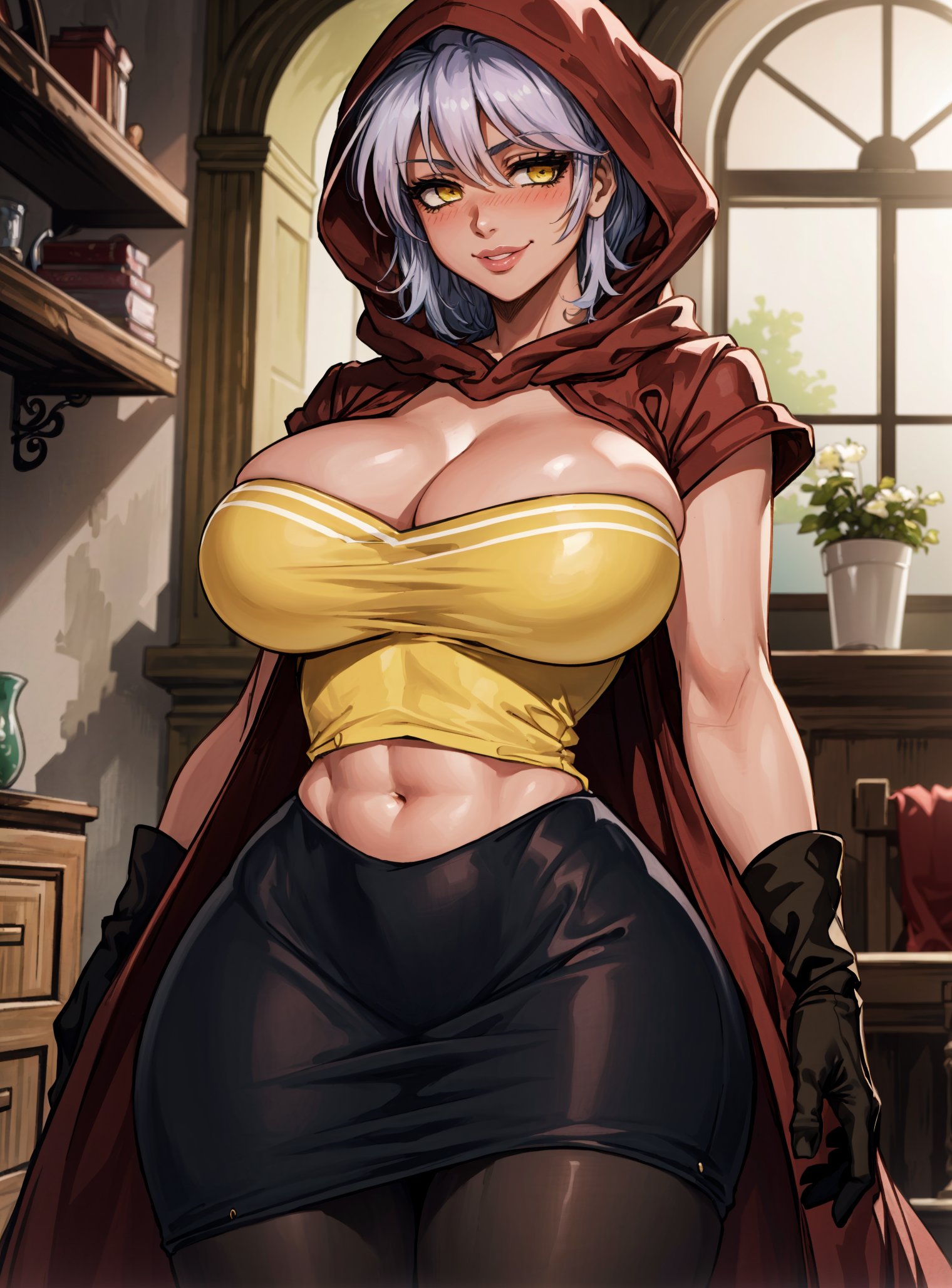 1girls, abs, ai generated, big breasts, breasts, cleavage, curvy, dark skin, dark-skinned female, female, gloves, hood, human, jojo's bizarre adventure, large breasts, looking at viewer, makimass ai, mariah (jjba), midriff, pantyhose, short hair, shounen jump, skirt, stardust crusaders, thick thighs, toned, villainess, voluptuous, white hair, wide hips
