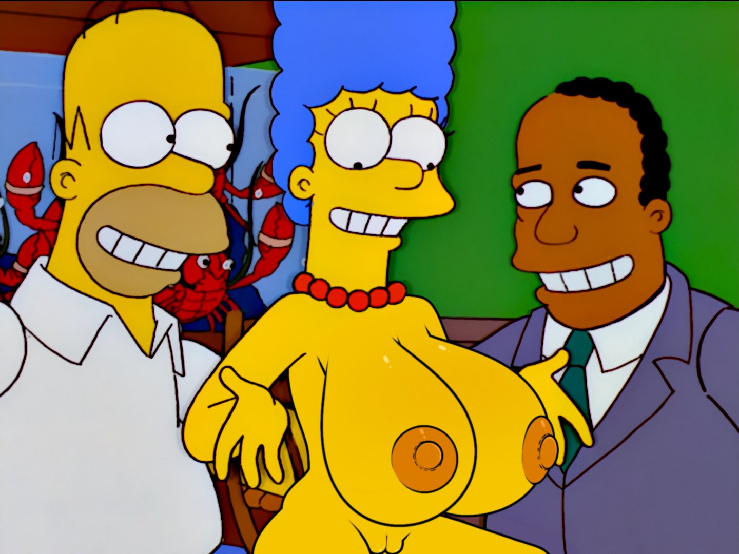 1girls 1milf 2boys 2d big_breasts edit hair_blue homer_simpson julius_hibbert marge_simpson nerota nipples no_bra no_panties nude screenshot_edit the_simpsons yellow_body