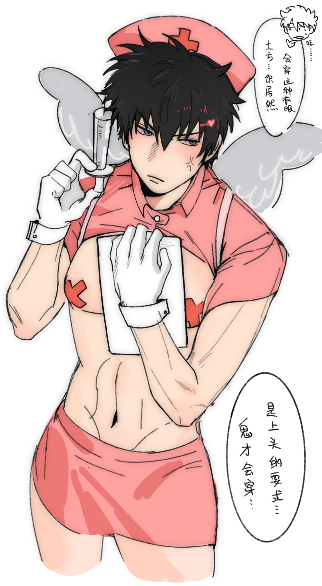 alternate_costume anger_vein angry annoyed black_hair blush chinese_text crop_top crossdressing embarrassed gintama gintoki_sakata gloves hairclip hijikata_toshiro male male_only manly_crossdresser miniskirt nurse nurse_cap nurse_uniform pasties sapomu4 solo_focus syringe toned toned_male white_gloves wings x_pasties