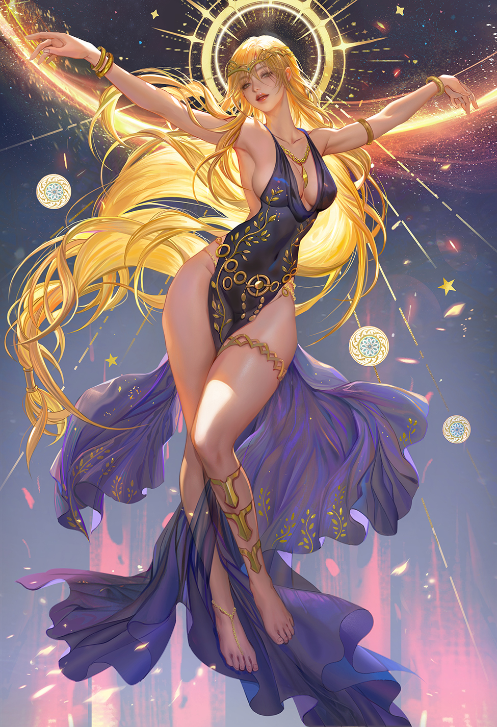 1girls barefoot big_breasts blonde_hair cleavage elden_ring fan_yang feet female female_only foot_fetish fromsoftware milf navel nipple_bulge no_nude painting_(artwork) queen_marika_the_eternal sideboob thick_thighs very_long_hair wide_hips