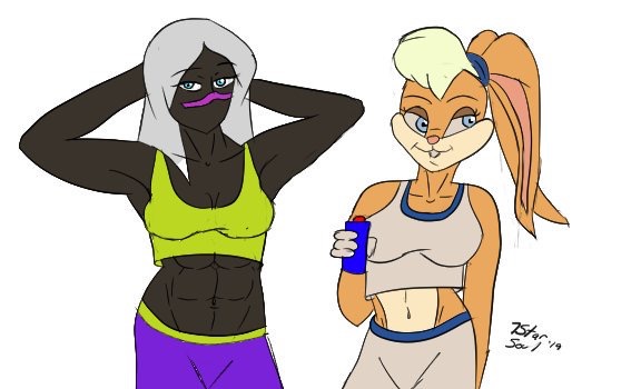 7starsoul abs alien alien_girl alien_humanoid black_body black_skin blonde_hair bottle duck_dodgers facial_mark hands_behind_head lola_bunny looney_tunes martian martian_(duck_dodgers) queen_tyr'ahnee rabbit rabbit_ears rabbit_girl rabbit_humanoid scrunchie sportswear warner_brothers water_bottle