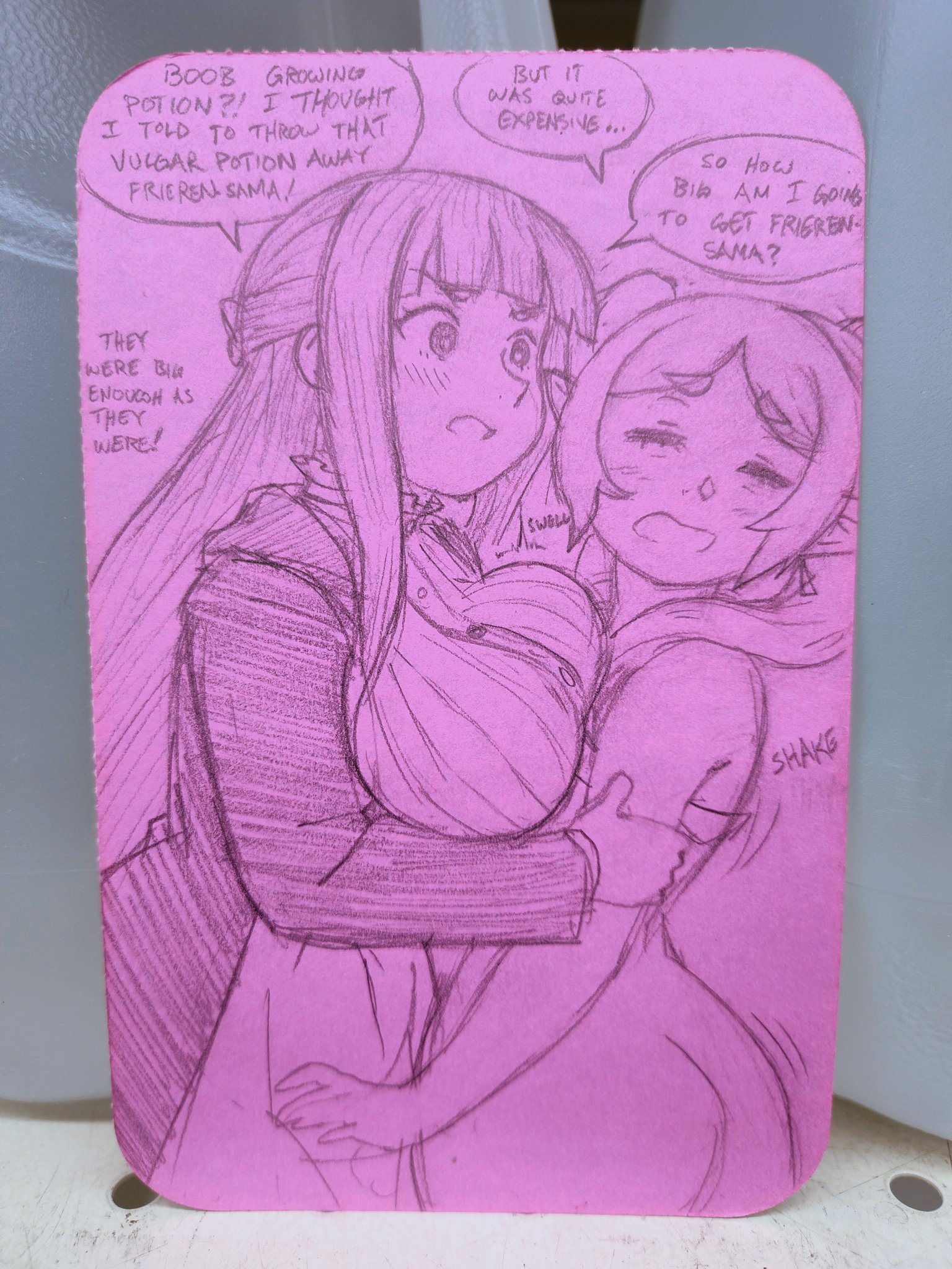 2girls, angry, ass, big breasts, blush, breast expansion, breast growth, breast growth (enlargement), breasts, chet rippo, clothed, clothing, female, female only, fern (sousou no frieren), frieren, long hair, monochrome, potion, purple background, sousou no frieren, text, the tits of mio, traditional media (artwork), worried