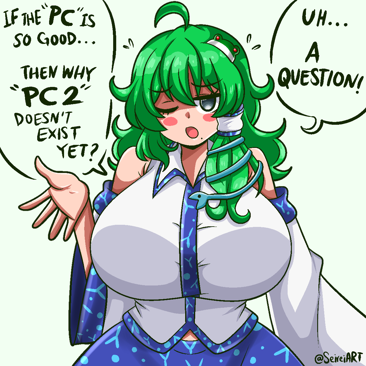 1girls ahoge aqua_eyes artist_name big_breasts boomer_sanae breasts clothed_female english_text green_hair hairclip huge_breasts light-skinned_female meme miko mole mole_under_mouth one_eye_closed open_mouth sanae_kochiya seireiart shrine_maiden solo solo_female text text_bubble touhou watermark white_background