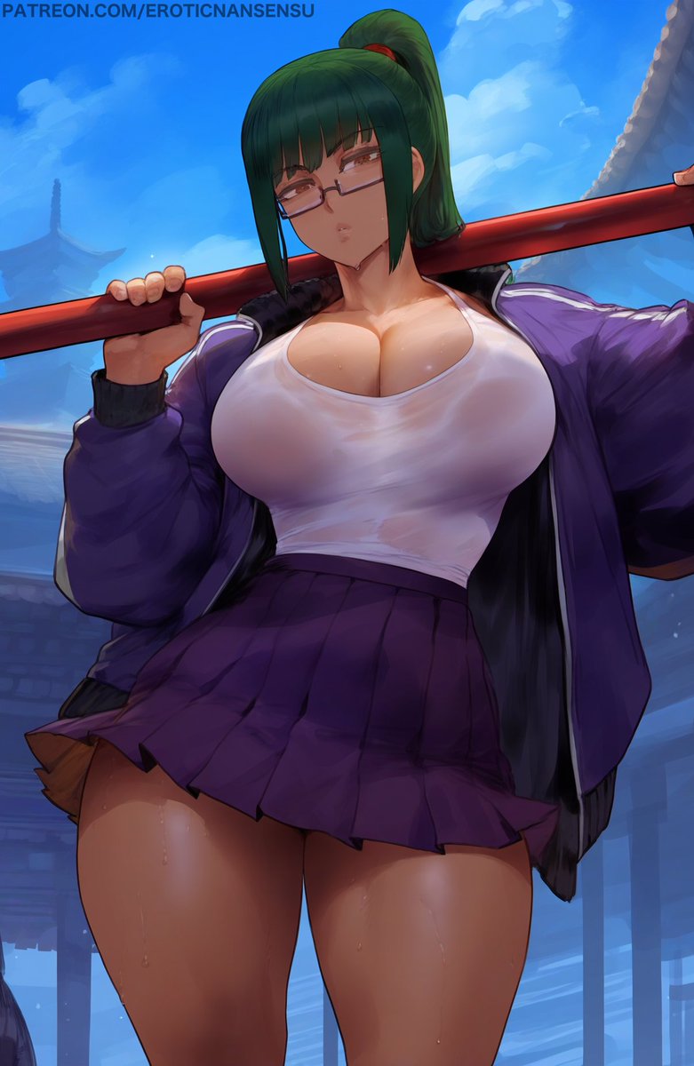 2d, ai assisted, ai generated, artist name, big breasts, big thighs, blunt bangs, breasts, brown eyes, brown hair, cleavage, clothed, clothing, erotic nansensu, eyewear, female, from below, glasses, green hair, holding spear, holding weapon, jacket, jujutsu kaisen, large breasts, looking at viewer, miniskirt, school uniform, zenin maki