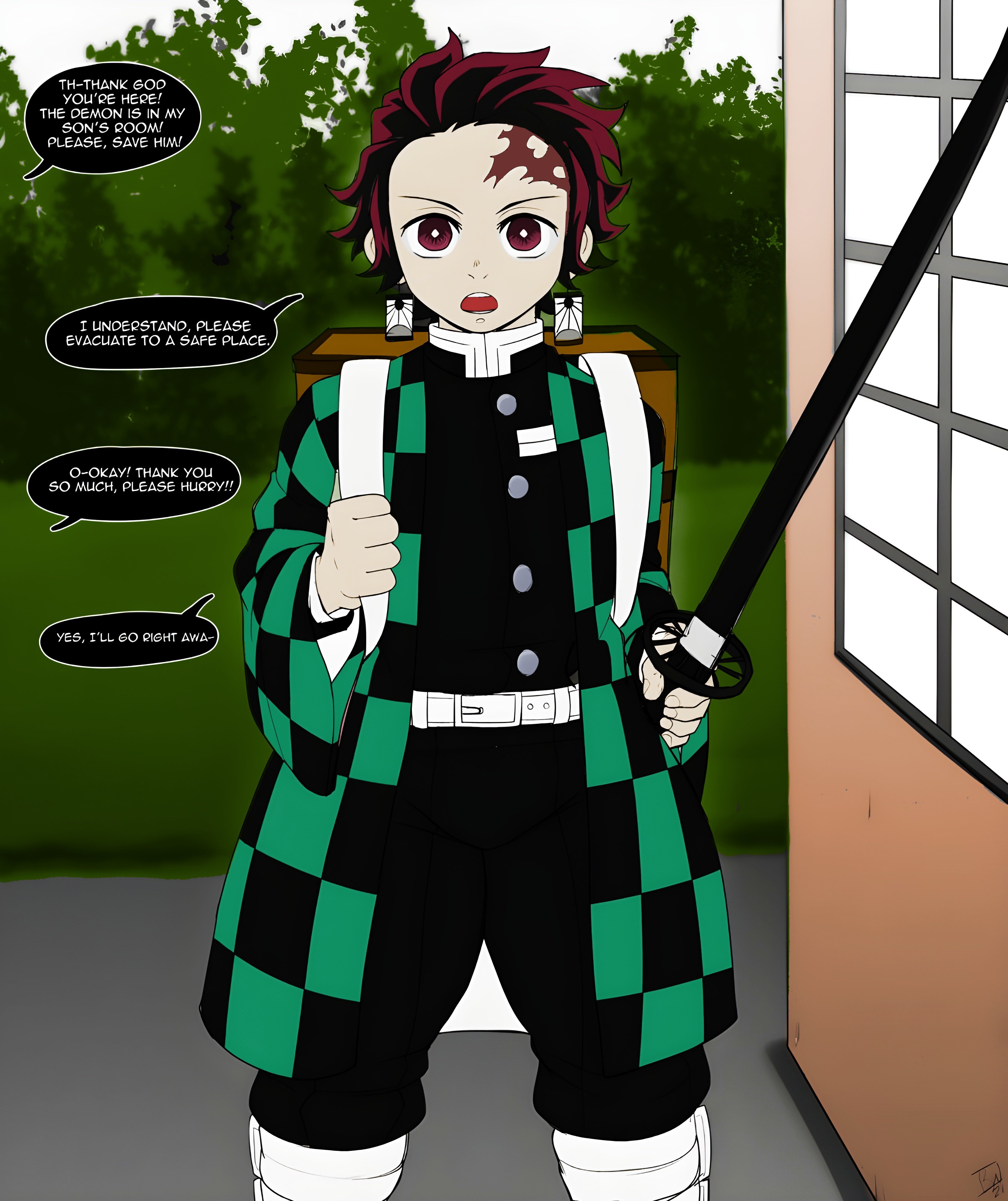 1boy, absurd res, ajaycolor, balls, blackwhiplash, blush, bwl, clothed, clothing, color, color edit, colored, demon slayer, dialogue, edit, english text, fully clothed, futanari, haori, high resolution, intersex, kamado nezuko, kamado tanjirou, kimetsu no yaiba, light skin, light-skinned male, long hair, long image, looking at viewer, male, male focus, male only, offscreen character, short hair, solo, solo focus, solo male, speech bubble, standing, sword, text, very high resolution