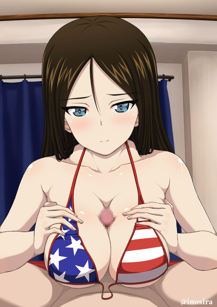 1boy american_flag american_flag_bikini american_flag_print bikini blue_eyes breasts breasts_squeezed_together brown_hair censored closed_mouth collarbone curtains female flag_print girls_und_panzer inoshira large_breasts long_hair looking_at_viewer mosaic_censoring nonna nonna_(girls_und_panzer) paizuri paizuri_under_clothes penis pov pov_crotch print_bikini smile solo_focus straight straight_hair swimsuit