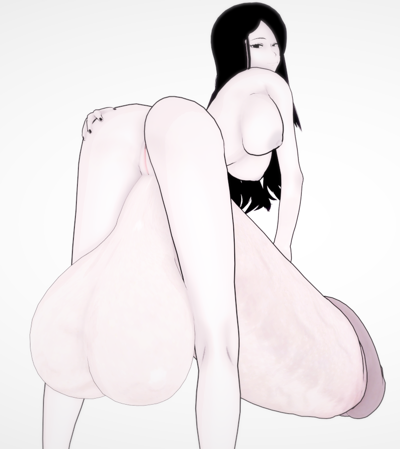 1futa 3d ass back_view black_eyes black_hair crybabyfuta futa_only futanari grabbing_ass grey_skin hair huge_balls huge_cock hyper koikatsu long_hair looking_behind nila_(telepurte) pussy smiling solo spreading_ass