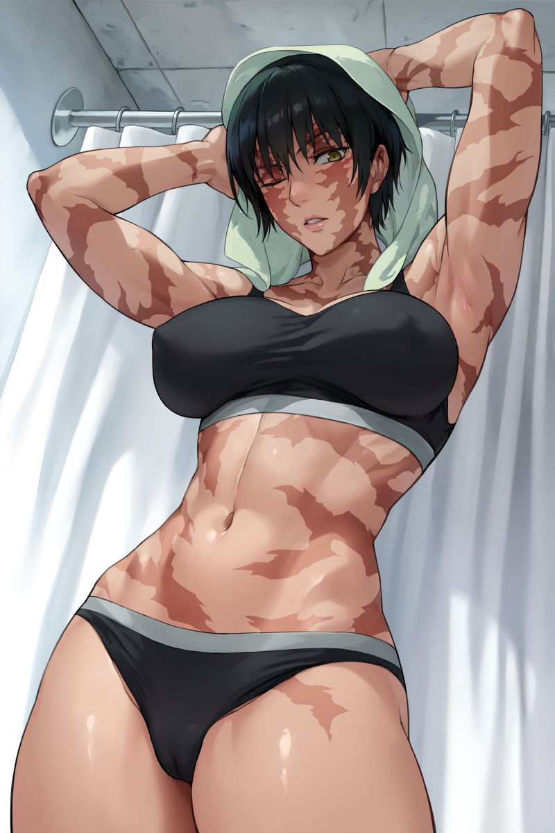 1girls after_shower athletic athletic_female bathroom burn_scar burn_scars burns ishigaki_takashi jujutsu_kaisen nipples_visible_through_clothing one_eye_closed scar scarred scars scars_all_over short_hair solo solo_focus sports_bra tagme towel towel_on_head underwear zenin_maki