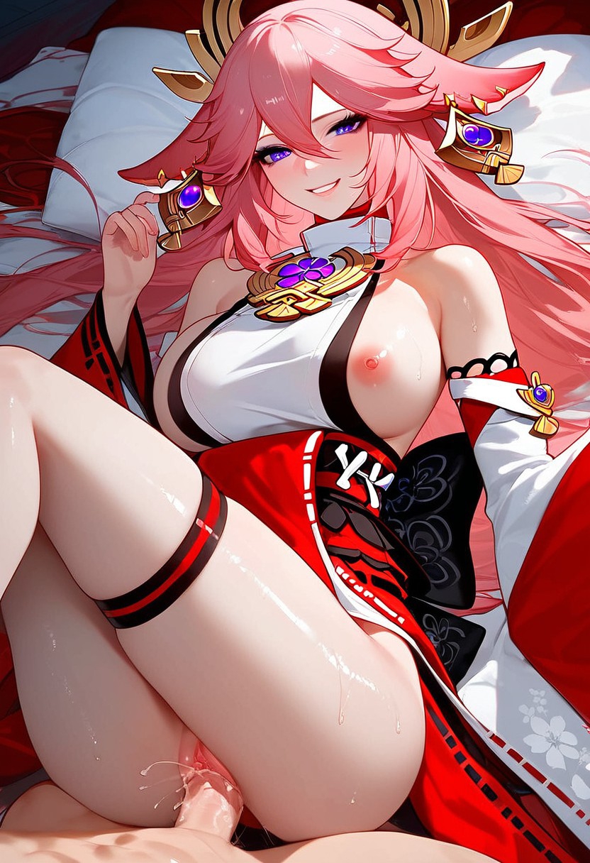 ai_generated big big_breasts genshin_impact happy long_hair miko_outfit pink_hair smile yae_miko