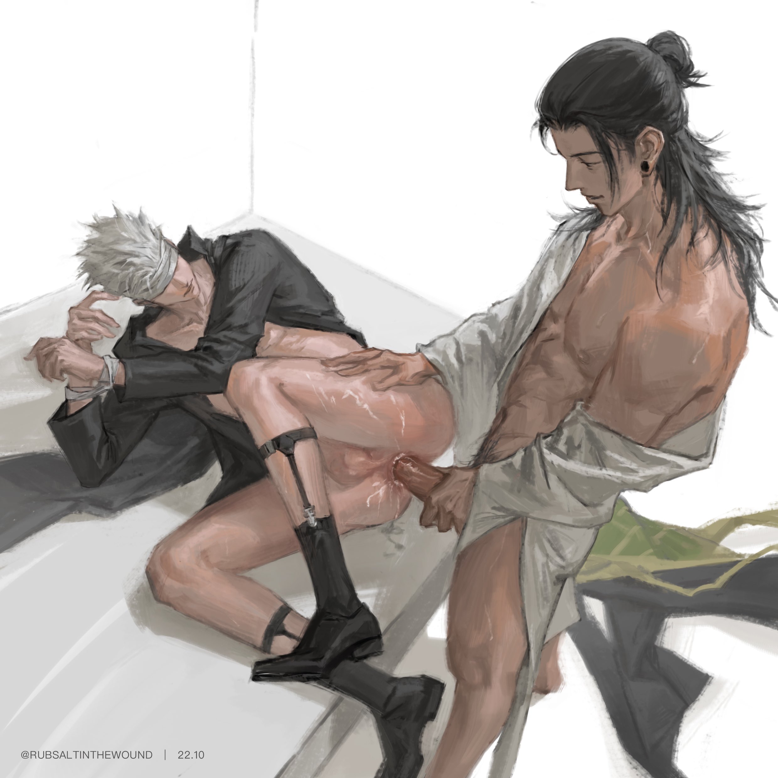 2boys, anal, anal sex, artist name, asian, asian male, ass, balls, black hair, blindfold, bottomless, breasts, cock, color, cum, dick, digital media (artwork), discarded clothing, earrings, exposed ass, exposed breasts, exposed penis, gay, gay anal, gay domination, gay male, gay sex, half-dressed, hand on hip, jujutsu kaisen, laying down, light skin, light-skinned male, long hair, male, male focus, male only, male penetrated, male penetrating, male penetrating male, male/male, nipples, partially clothed, penis, saltinesaltine1, satoru gojo, shoes, short hair, simple background, suguru geto, sweat, tied, tied hands, topwear, white hair, yaoi