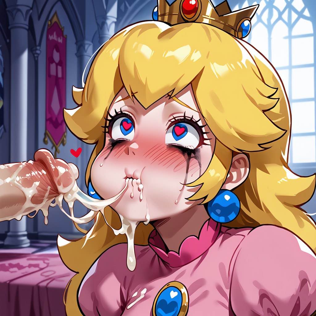 1boy 1girls ai_generated blonde_hair cheek_bulge crown cum_drinking cum_in_mouth cum_overflow ear_piercing excessive_cum faceless_male female female_focus heart-shaped_pupils human male mario_(series) meruthesuc nintendo penis princess princess_peach royalty ruined_makeup saliva_trail super_mario_bros.