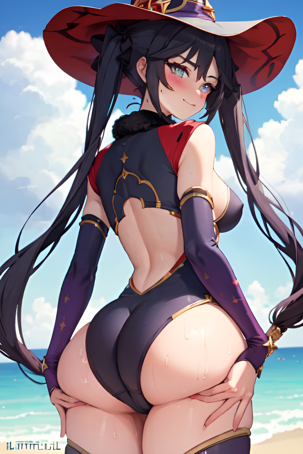 1girls ai_generated ass_grab ass_support beach blush female female_only genshin_impact huge_ass lifting_ass long_gloves medium_breasts mona_(genshin_impact) ocean solo swimsuit tight_ass tight_clothing wet_body