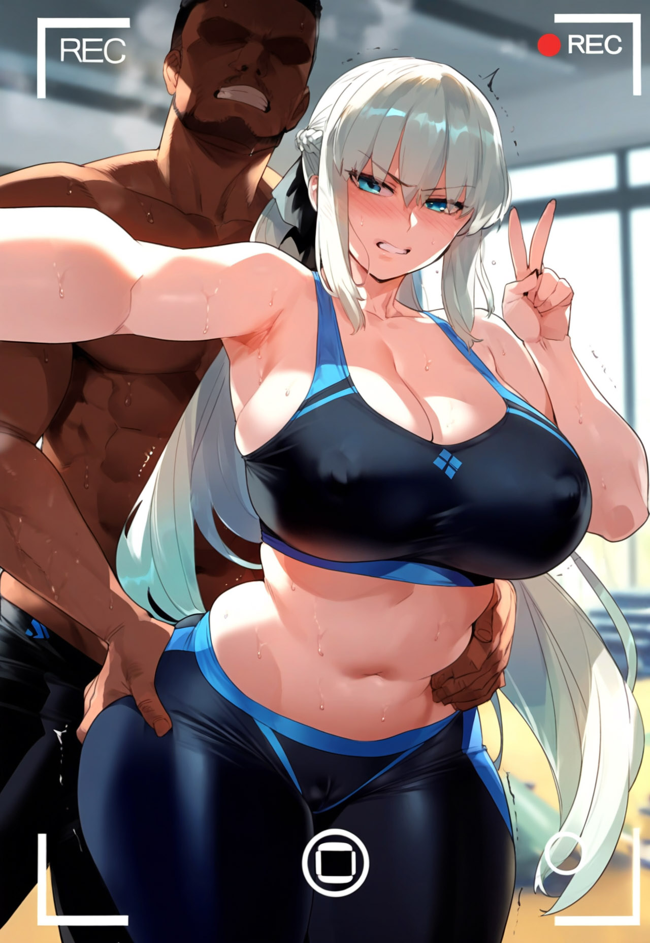 1boy, ai generated, bangs, blue eyes, blush, breasts, cleavage, dark skin, dark-skinned male, depressu, fate (series), fate/grand order, female, grin, gym, large breasts, long hair, looking at viewer, male, midriff, morgan le fay (fate), muscles, navel, recording, smile, snowbunny, sports bra, sweat, teeth, trembling, v, very long hair, viewfinder