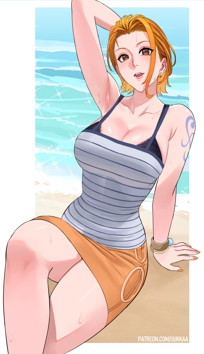 1girls arm_tattoo armpits bra bra_cups_sticking_out bracelet brown_eyes busty cleavage exposed_bra female female_only light-skinned_female light_skin nami one_piece orange_hair orange_nail_polish painted_fingernails painted_nails patreon_username pre-timeskip short_skirt skirt sweat tank_top tattoo thighs tight_clothing uukkaa