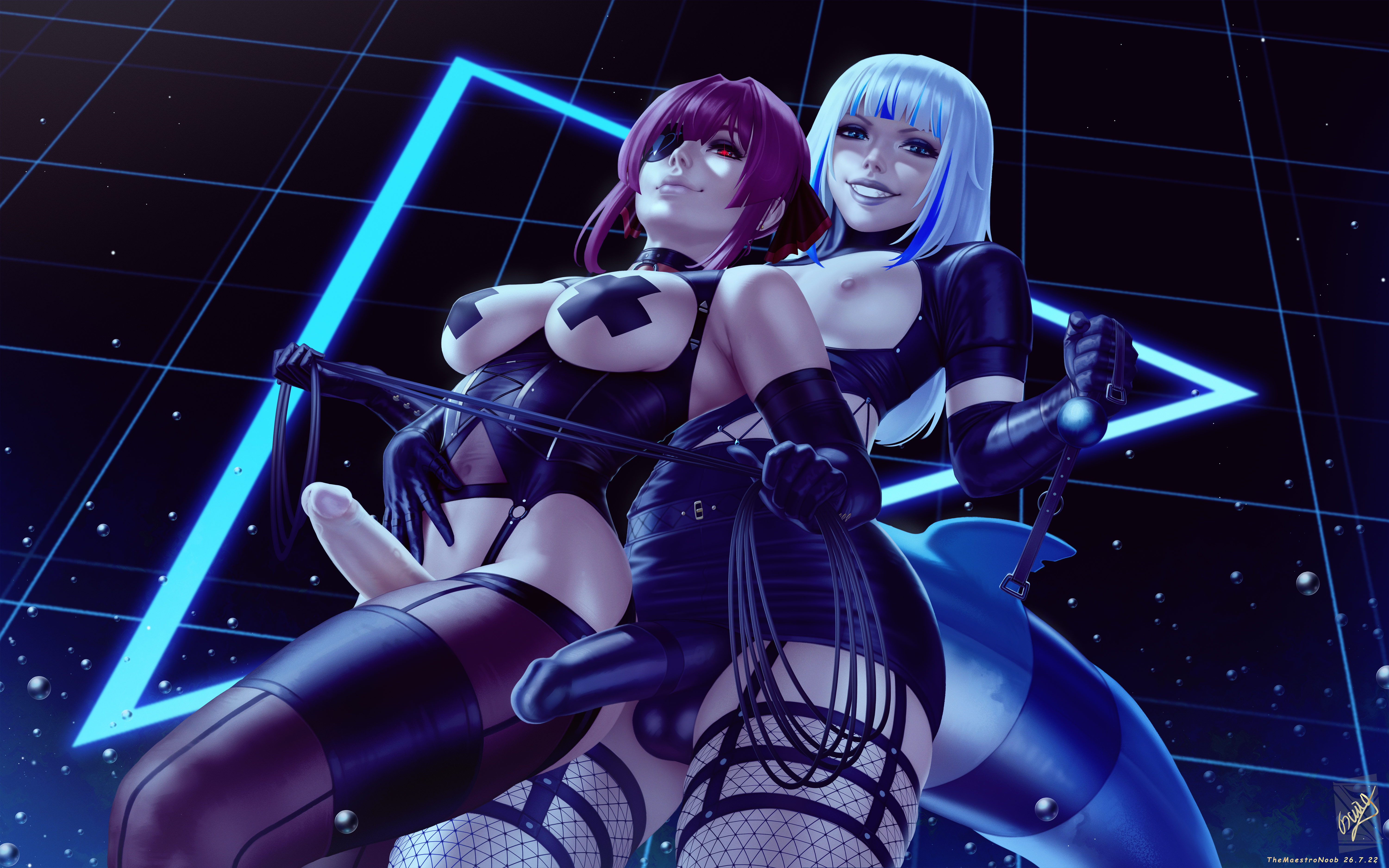 1futa, 1girls, areolae, balls, bangs, big breasts, big penis, breasts, clothed, clothing, dominant female, dominatrix, duo, erection, female, femdom, futadom, futanari, gawr gura, hololive, hololive english, hololive fantasy, hololive japan, hololive myth, houshou marine, human, intersex, latex, light skin, light-skinned female, light-skinned futa, long hair, looking at viewer, looking down, low-angle view, nipple tape, nipples, partially clothed, penis, red hair, shark girl, shark tail, strap-on, strapon, tape, taped nipples, themaestronoob, thighhighs, virtual youtuber, white hair
