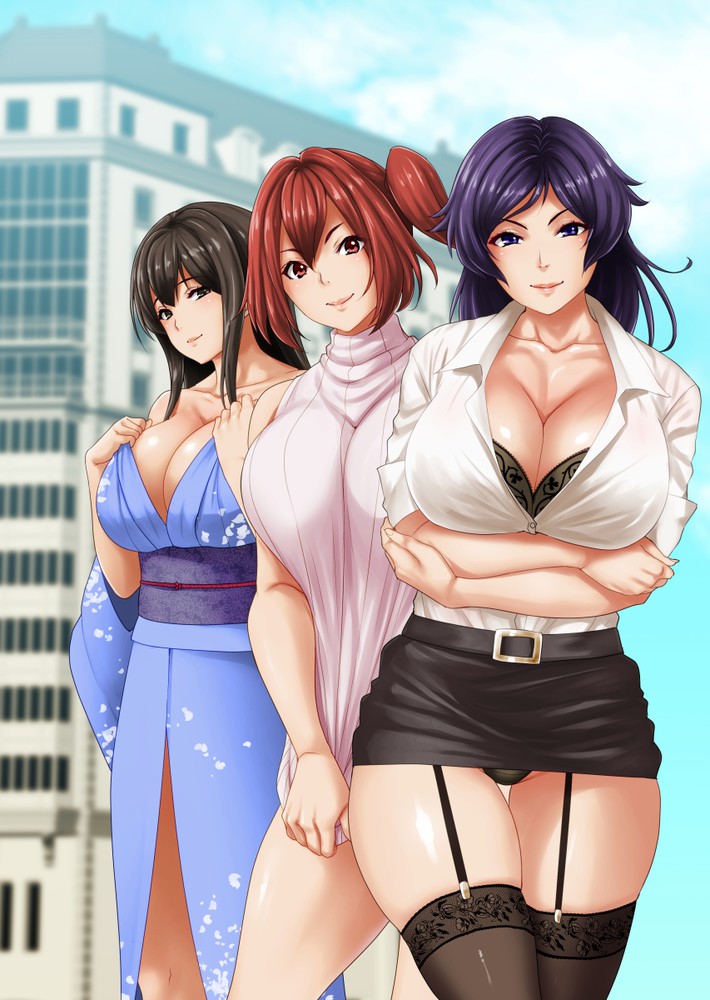 3girls belt black_bra black_panties black_skirt blue_kimono bra bra_cups_sticking_out bra_peek breasts brown_eyes brown_hair building button_down_shirt garter_straps kimono large_breasts long_hair looking_at_viewer milf miniskirt office_lady original panties pencil_skirt pink_sweater ponytail purple_eyes purple_hair red_eyes red_hair rokko sash shirt shirt_tucked_in shirt_tucked_in_skirt side_ponytail skirt sweater sweater_tug thighhighs turtleneck turtleneck_sweater white_shirt