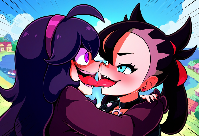 ai_generated french_kissing hex_maniac human_characters_in_pokémon kissing marnie_(pokemon) pokemon powerhouserift tongue_kiss tongue_touching_another's_tongue tongues_touching yuri