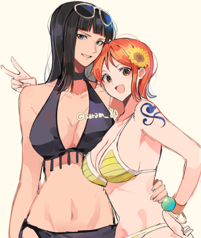 2girls arm_tattoo bikini black_bikini black_hair black_swimsuit blue_eyes bracelet breasts choker female female_only hair_flower joman large_breasts long_hair looking_at_viewer midriff milf nami nami_(one_piece) navel nico_robin one_piece orange_eyes orange_hair pre-timeskip saram_80 short_hair shoulder_tattoo sunflower sunglasses sunglasses_on_head swimsuit tattoo yellow_bikini yellow_swimsuit