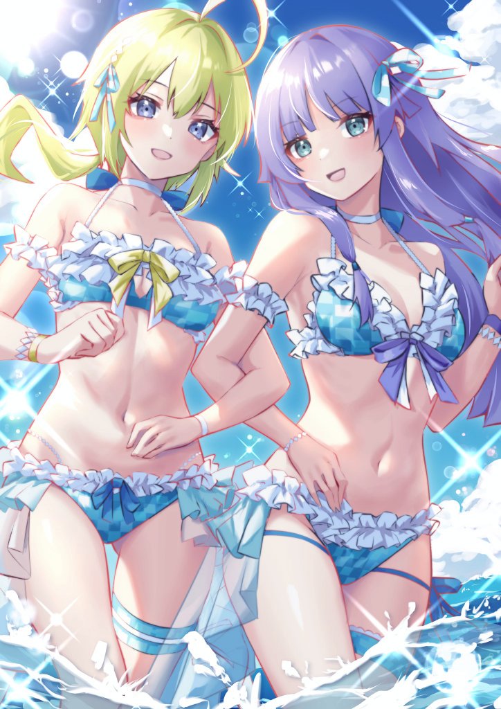 2girls amano_soraha aqua_eyes arm_garter assault_lily banshouya_ena bikini blonde_hair blue_bikini blue_eyes blue_ribbon blue_sky bracelet breasts cloud hair_ribbon houji_tea_latte locked_arms long_hair looking_at_viewer medium_breasts navel ocean official_alternate_costume outdoors parted_lips pearl_bracelet plaid plaid_bikini ponytail purple_hair sky swimsuit thigh_strap wristband