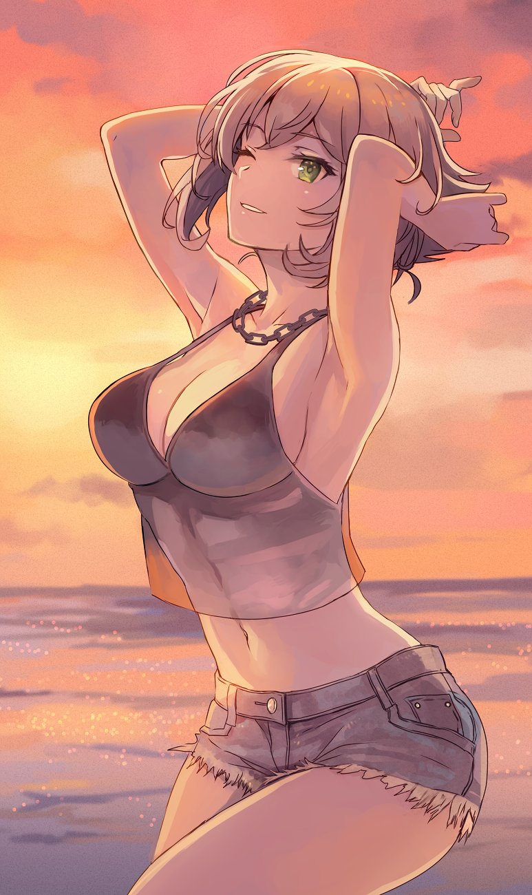 1girls beach black_tank_top breasts brown_hair chain_necklace chains clouds denim_shorts green_eyes kantai_collection kasumi_(skchkko) looking_at_viewer medium_breasts midriff mutsu_(kantai_collection) navel necklace ocean outside short_hair short_shorts shorts sky sunset tank_top water