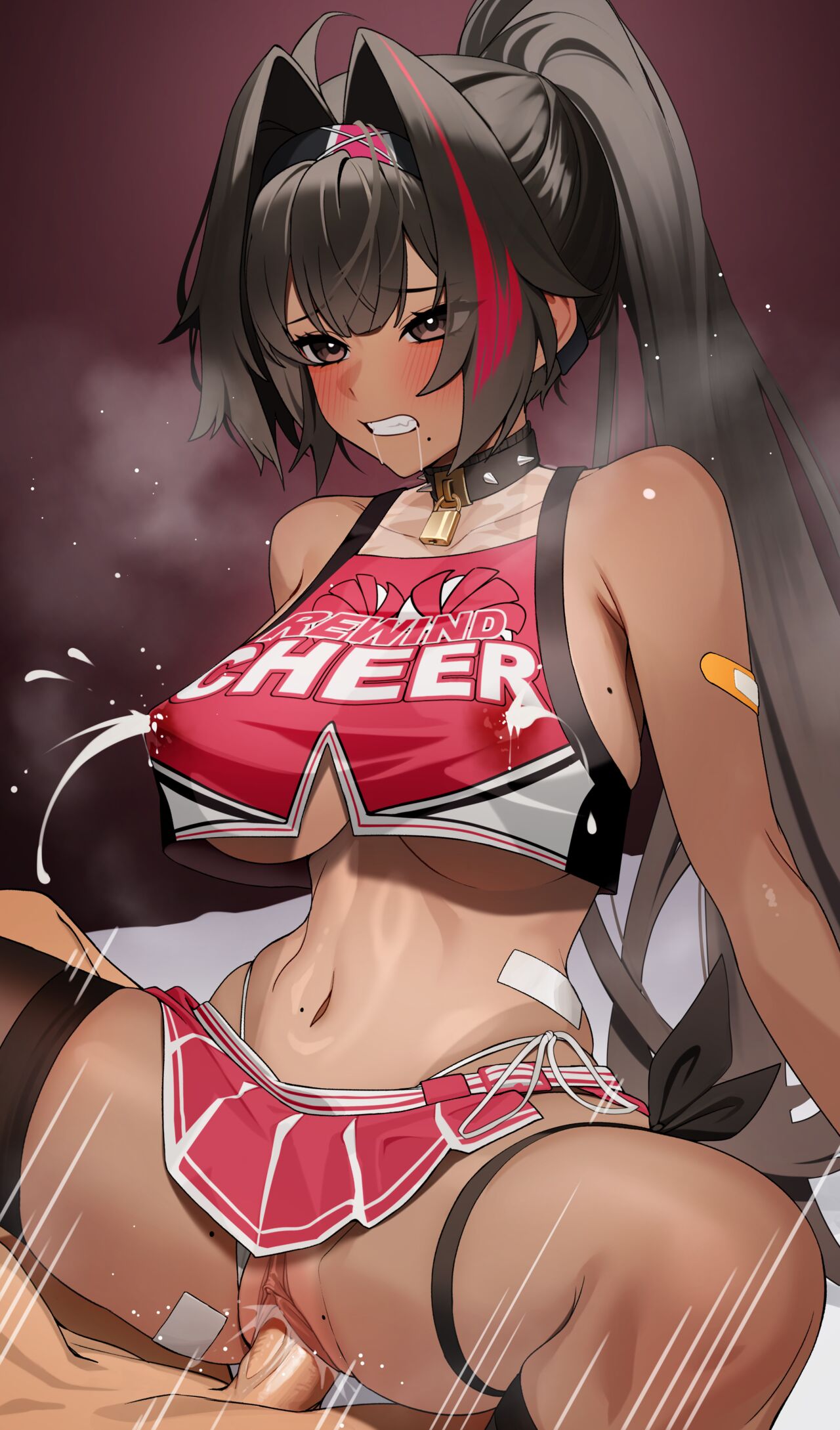 1boy 1girls 2024 ahe_gao bay_(nikke) belly big_breasts black_hair blush breasts cheerleader cheerleader_outfit cheerleader_uniform choker crop_top dark-skinned_female dark_skin ett female goddess_of_victory:_nikke hi_res lactating lactation lactation_through_clothes large_breasts male miniskirt mole motion_lines navel panties panties_aside penis ponytail pussy rough_sex sex simple_background sitting spiked_collar underboob vaginal_penetration