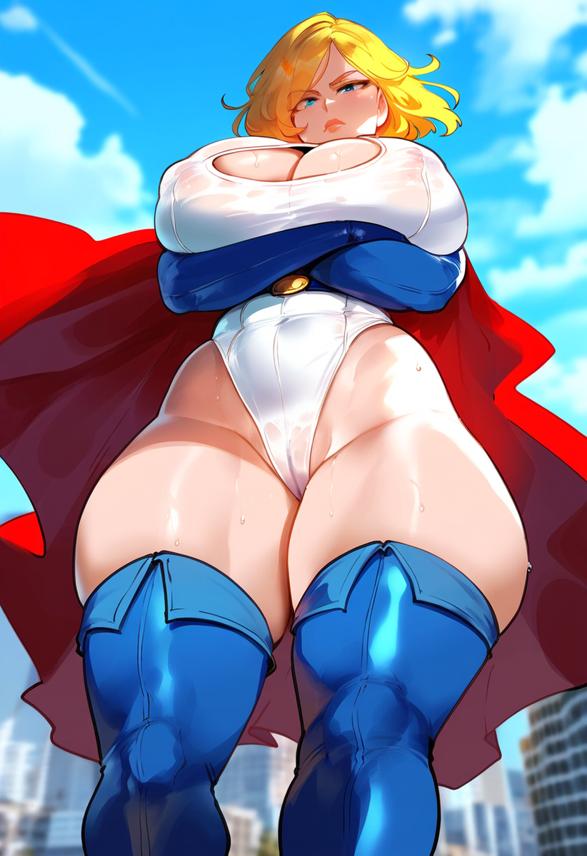 1girls ai_generated bare_thighs big_breasts blonde_hair blue_eyes blush clothed clothing color darkmagic_ai dc dc_comics female female_focus female_only hi_res kara_zor-l karen_starr large_breasts light-skinned_female light_skin nipples_visible_through_clothing power_girl short_hair solo solo_female suit superheroine superman_(series) tagme thick_thighs