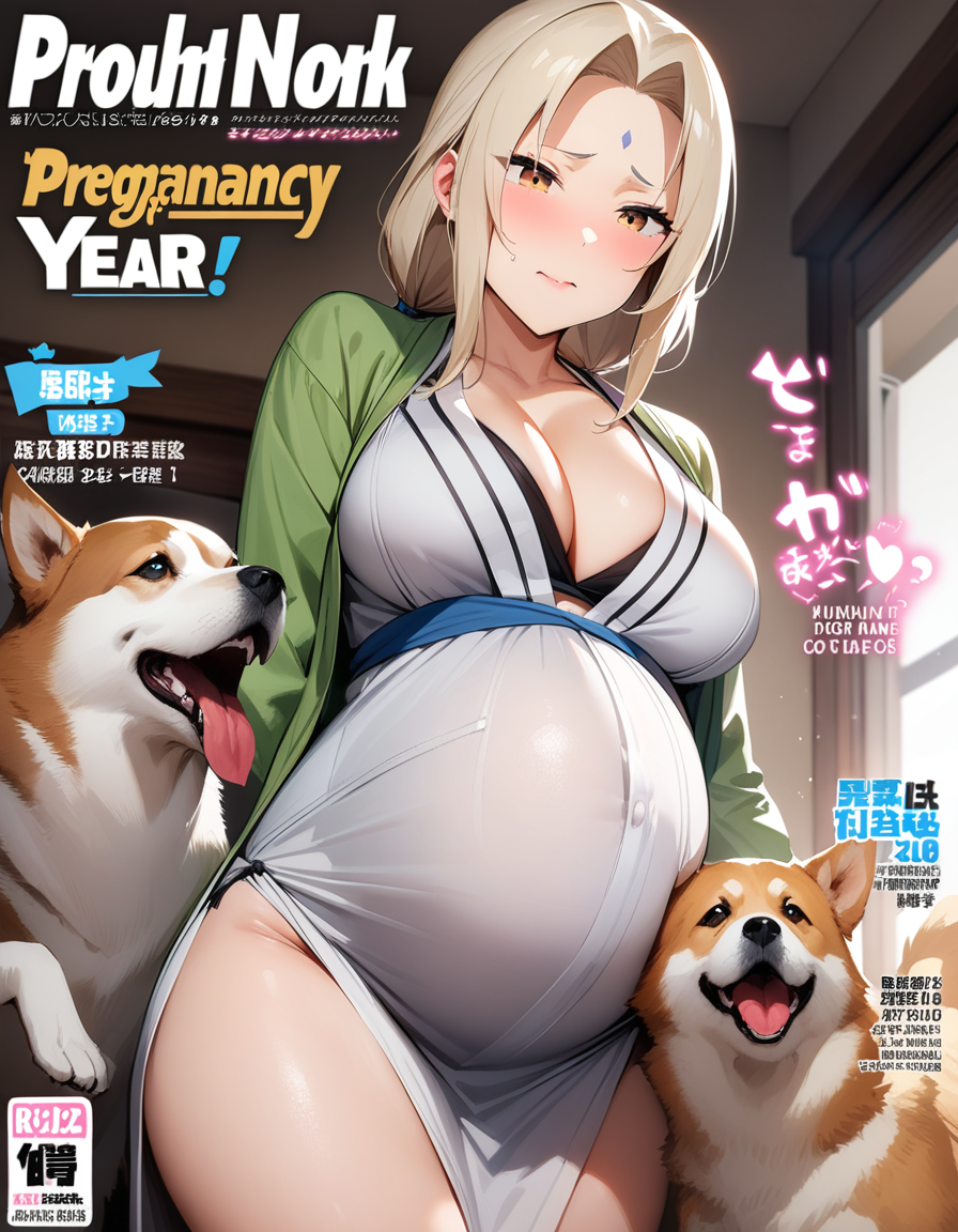 1girls 2animals ai_generated canine dog female feral group interspecies magazine magazine_cover milf naruto pregnant princess royalty rtxfus tsunade zoophilia