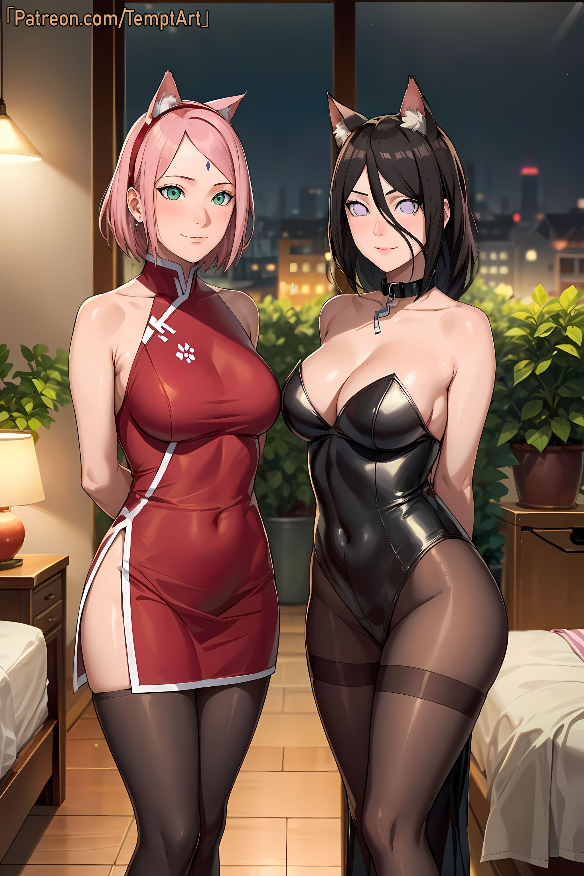 2girls, adapted costume, ai generated, animal ear fluff, animal ears, arms behind back, bare shoulders, bedroom, big breasts, bob cut, boruto: naruto next generations, breasts, brown hair, bunnysuit, cat ears, china dress, chinese clothes, choker, cleavage, collar, commentary, cosplay, costume, curvaceous, dress, fake animal ears, female, female only, green eyes, huge breasts, hyuuga hanabi, indoors, leotard, light skin, light-skinned female, mature, mature female, milf, multiple girls, nai diffusion, naruto, naruto (series), nekomimi, no bra, pantyhose, patreon username, pendant, pink hair, presenting, presenting self, revealing clothes, sakura haruno, skimpy, skimpy clothes, smile, stable diffusion, standing, stockings, take your pick, temptart, text, url, violet eyes, voluptuous, watermark, web address