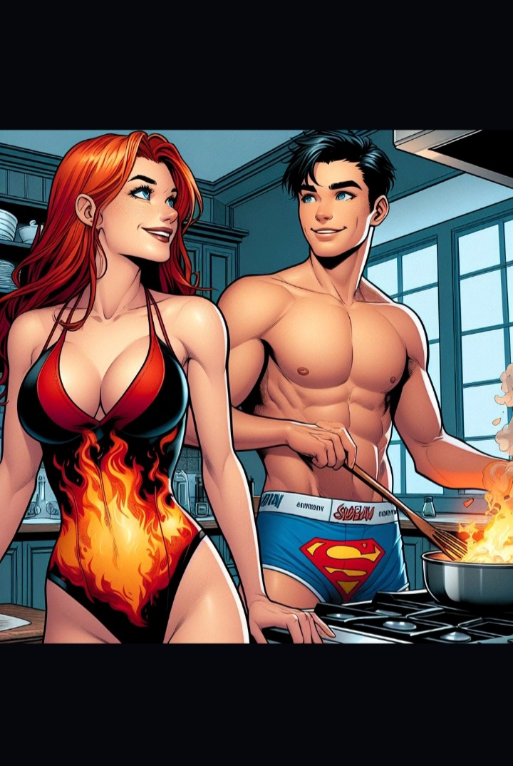 1boy 1girls abs after_sex ai_generated alpha_male angelica_jones biceps boxer_briefs boxers_(clothing) cheating_boyfriend cooking dc dc_comics female firestar_(marvel) handsome implied_sex jon-el jonathan_kent kitchen male marvel marvel_comics muscular muscular_male nipples original_character red_hair stud superboy superboy_(jonathan_kent) underwear_only