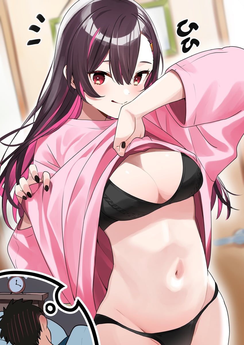 1boy bad_id bad_twitter_id black_bra black_hair black_nails black_panties blurry blurry_background blush bra breasts clothes_lift dreaming female groin hair_ornament headphones highres indoors long-haired_girl_(motto_notto) long_hair looking_at_viewer motto_notto nail_polish navel original panties pink_sweater red_eyes red_hair sleeping smile smiling_at_viewer stomach sweater sweater_lift underwear