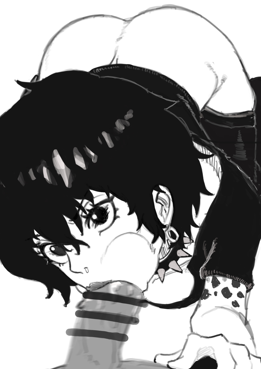 artist request, blowjob, censored, doll (one piece), female, female focus, goth, male, one piece, oral, partial male