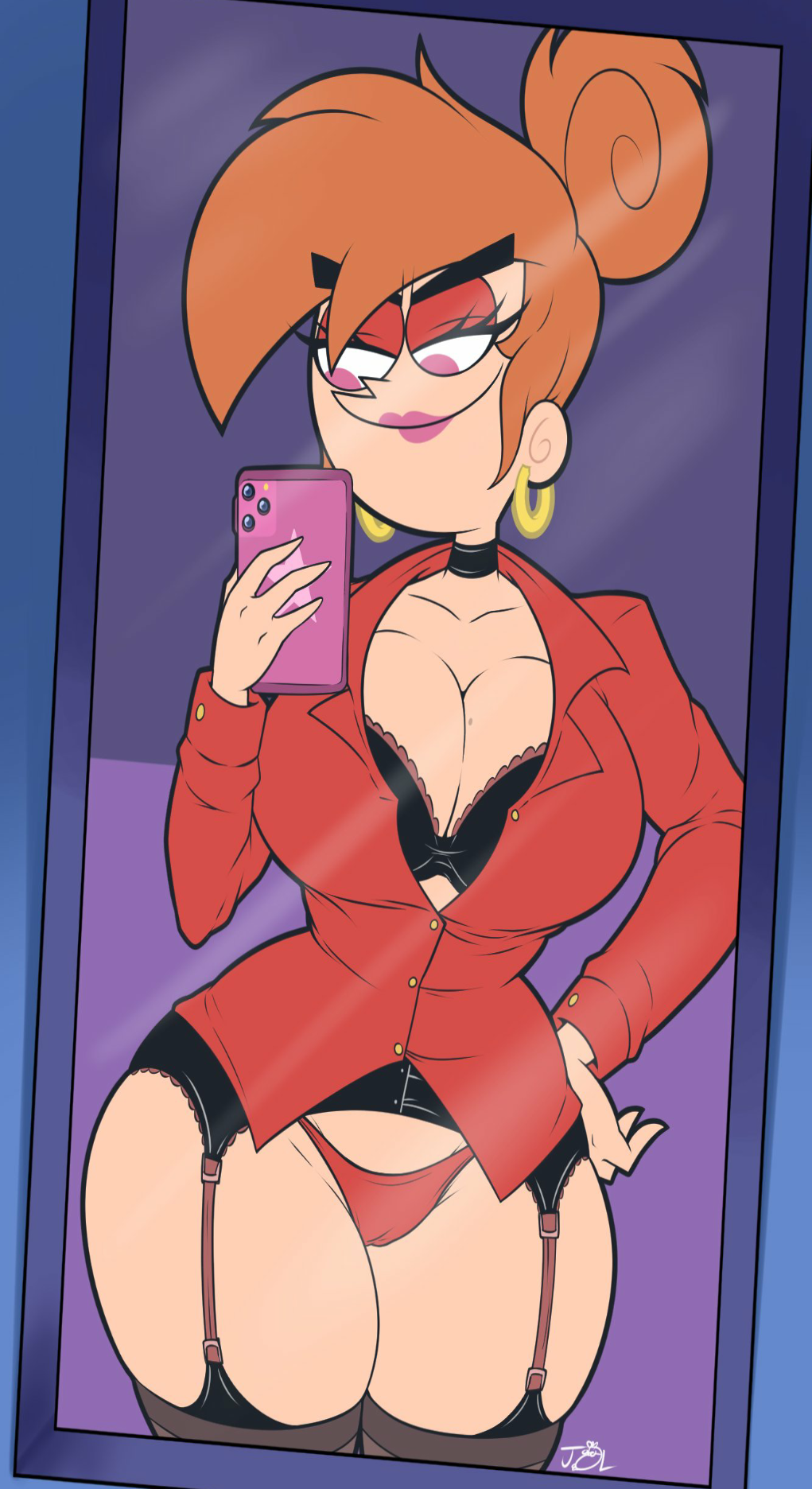 1girls, aged up, bra, breasts, cleavage, earrings, female, garter belt, garter straps, hair bun, hoop earrings, huge breasts, large breasts, lipstick, mirror selfie, nickelodeon, office lady, pink eyes, pink lipstick, red eyeshadow, red hair, red panties, slim waist, stockings, suit, the fairly oddparents, vicky (fairly odd parents)