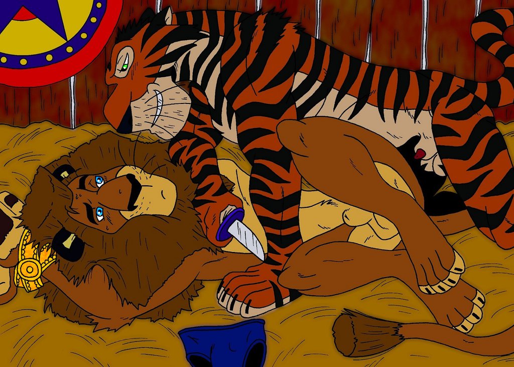 alakay_alex bigger_version_at_the_source dreamworks duo feline feral furry furry_only knife lion madagascar_(series) madagascar_3_europe's_most_wanted male mammal paramount_pictures tiger vitaly_the_tiger yaoi