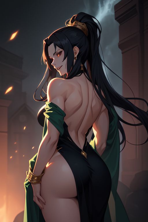 ai_generated back_view evil_grin muscular muscular_back muscular_female revealing_clothes robes