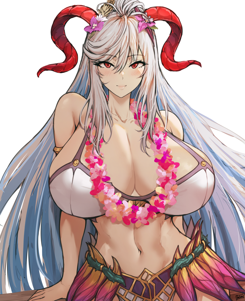 1girls alternate_costume bare_shoulders batako batako_(batakoart) bikini blush breasts cleavage collarbone female female female_only fire_emblem fire_emblem_heroes freyja_(fire_emblem) freyja_(summer)_(fire_emblem) hair_between_eyes highres horns huge_breasts lips long_hair looking_at_viewer midriff navel nintendo official_alternate_costume red_eyes red_horns simple_background smile solo swimsuit upper_body white_bikini white_hair white_swimsuit