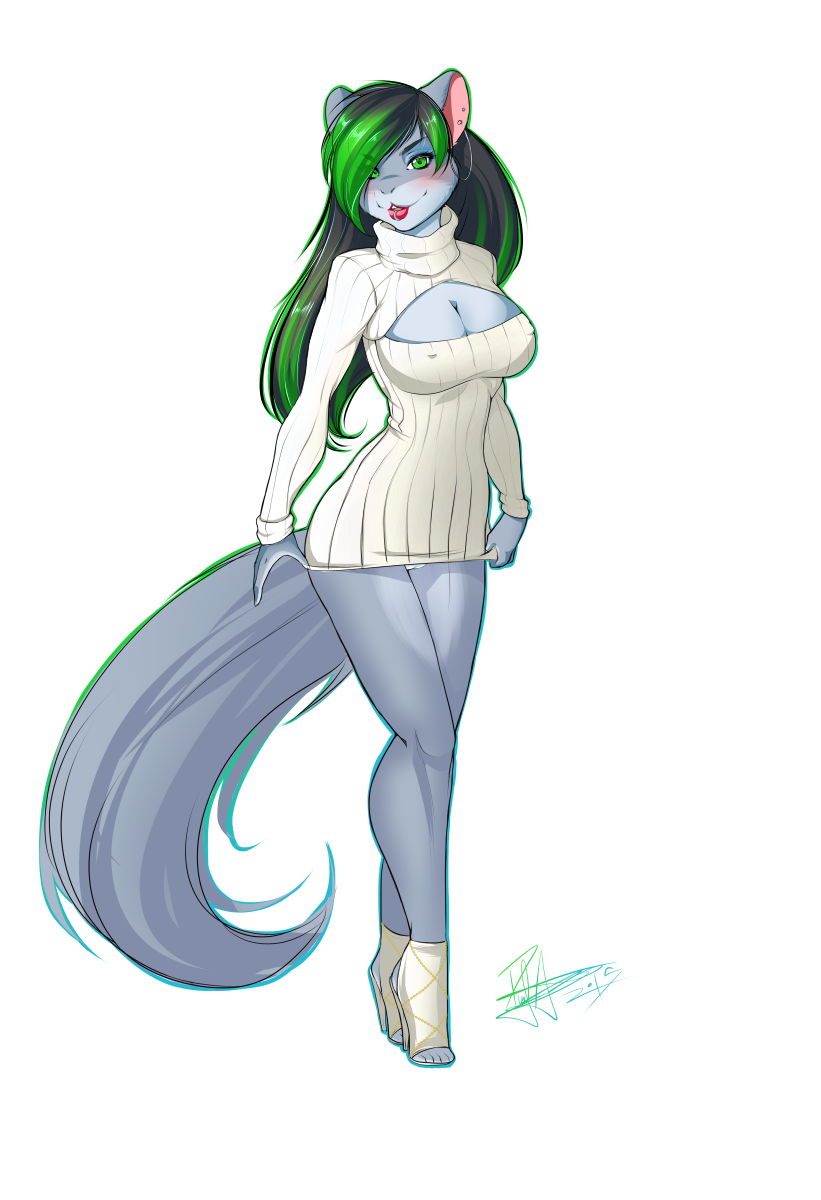 2015 alpha_channel anthro black_hair blush bottomless breasts chinchilla cleavage ear_piercing emerald_(yuureikun) facial_piercing female fur furry furry_only green_eyes green_hair grey_fur half-dressed high_heels lip_piercing lip_ring lips long_hair looking_at_viewer mammal open-chest_sweater piercing pussy red_lips rodent smile solo standing sweater yuureikun