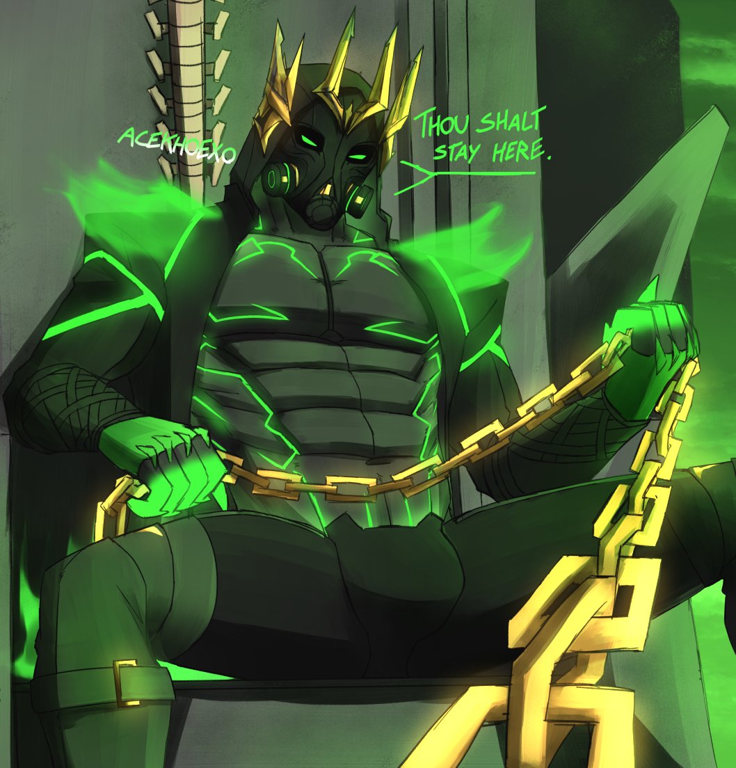 1boy acekhoexo black_clothing black_legwear boots bulge chains claws crown fortnite fortnite:_battle_royale gas_mask glowing_body glowing_eyes green_clothing green_eyes hades hades_(fortnite) hood jacket looking_at_viewer looking_down looking_down_at_viewer low-angle_view male muscular muscular_male sitting solo talking_to_viewer