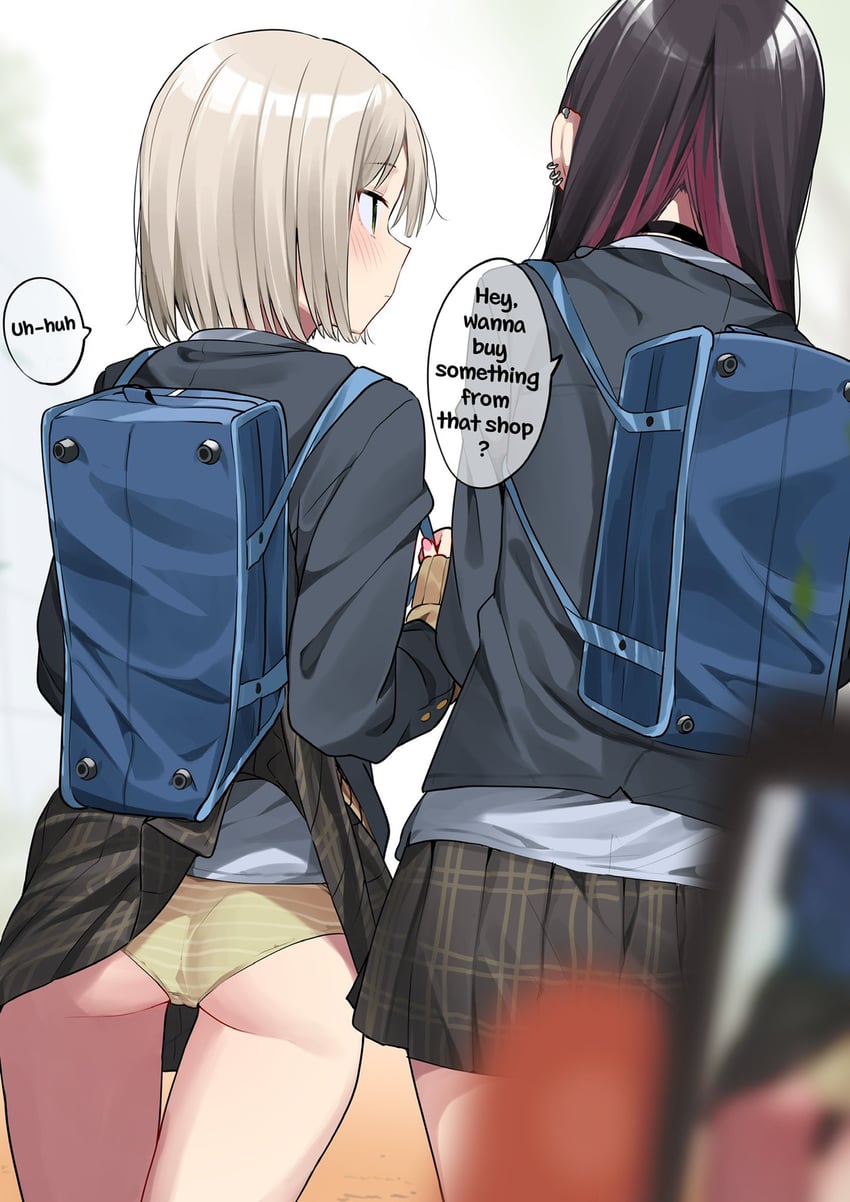 2girls accidental_exposure ass bad_id bad_twitter_id bag black_choker black_hair black_jacket black_skirt blonde_hair blue_bag blurry blurry_foreground blush cameltoe cellphone_photo choker closed_mouth clothes_lift ear_piercing earrings english_text from_behind grey_background grey_shirt haruka_(motto_notto) highres jacket jewelry long-haired_girl_(motto_notto) long_hair long_sleeves looking_at_another medium_hair miniskirt motto_notto multiple_girls orange_panties original panties phone piercing pleated_skirt pulling red_hair school_bag shirt simple_background skirt skirt_caught_on_object skirt_lift speech_bubble strap_pull striped_clothes striped_panties taking_picture thigh_gap underwear yellow_panties