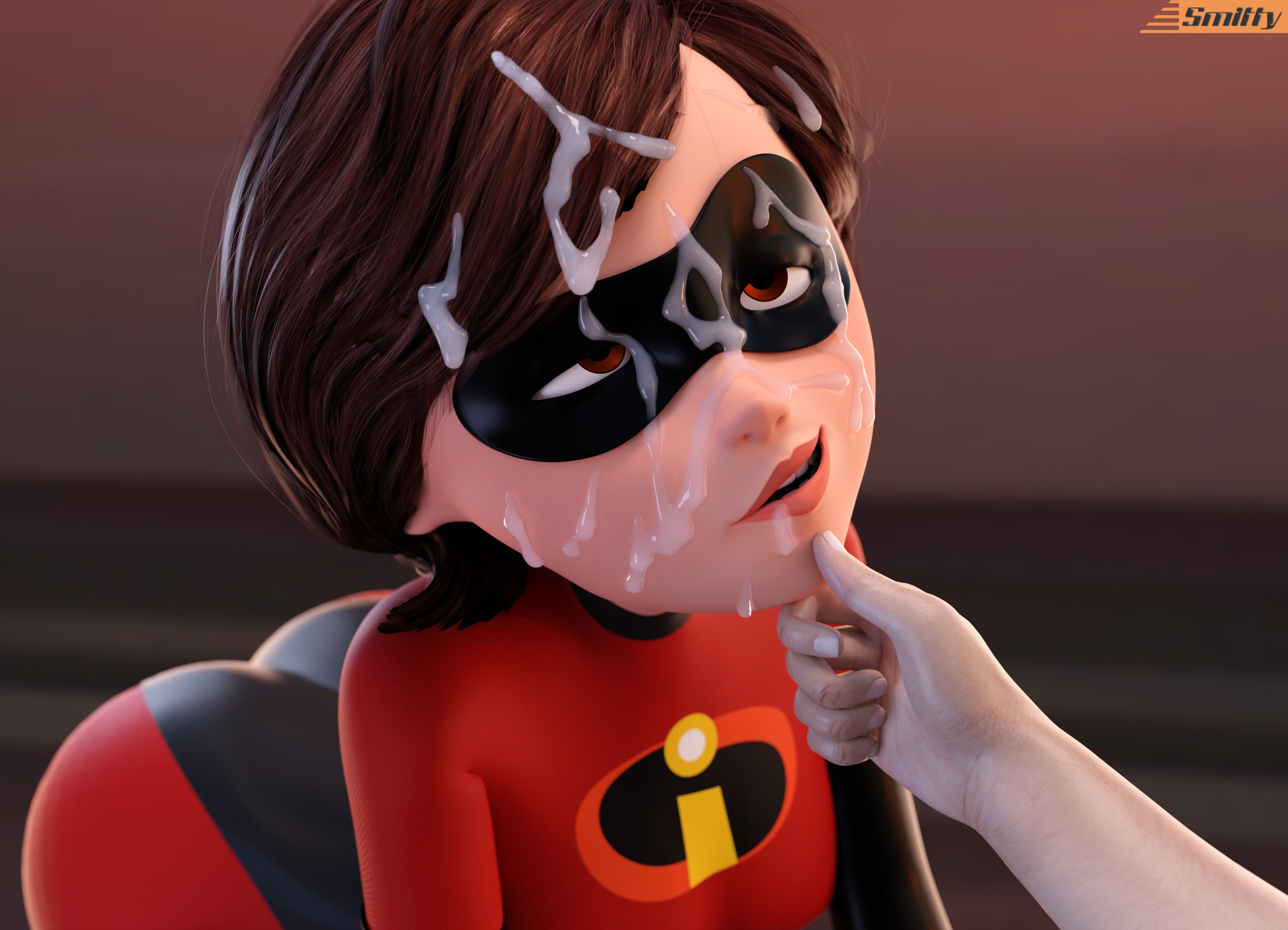 3d, ass, big ass, big breasts, big butt, breasts, cum, cum on face, drugged, elastigirl, female, helen parr, kneeling, mature female, milf, mother, narrowed eyes, on knees, skin tight, smitty34, superheroine, the incredibles, wide hips