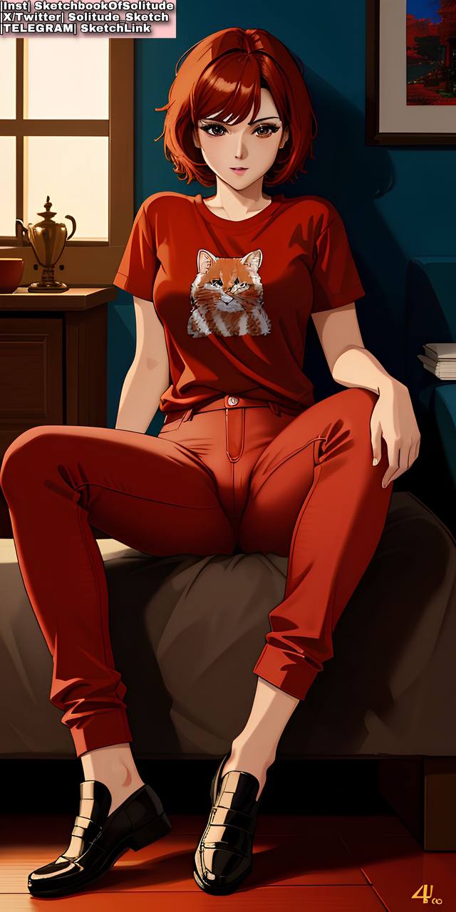 ai_generated ai_hands anime anime_style brown_eyes female female_human female_only girl girls only_female only_girl pussy red_clothes red_clothing red_hair sitting soli_sketch spread_legs