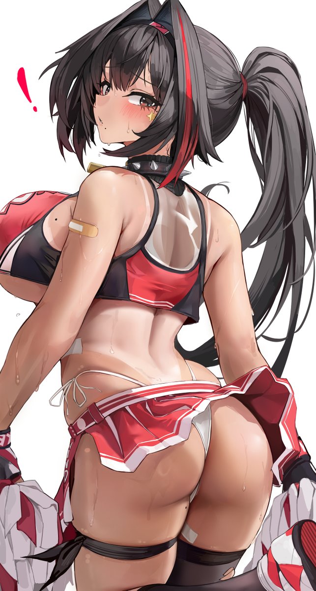 1girls ass bay_(nikke) black_hair breasts cheerleader cheerleader_uniform chela77 female female_only fully_clothed goddess_of_victory:_nikke large_ass large_breasts long_hair looking_at_viewer ponytail revealing_clothes short_skirt simple_background skimpy_clothes skirt skirt_up