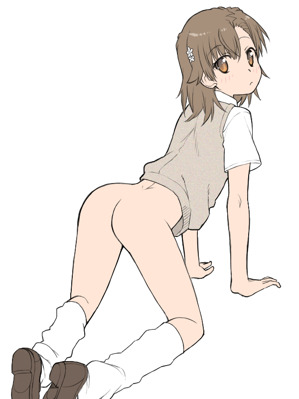 1girls all_fours ass blush bottomless brown_eyes brown_hair brown_loafers female female_only kneehighs loafers long_socks looking_at_viewer loose_socks misaka_mikoto no_panties school_uniform shoes short_hair slim_girl socks socks_and_shoes teenage_girl teenager to_aru_majutsu_no_index tokiwadai_school_uniform white_socks young younger_female