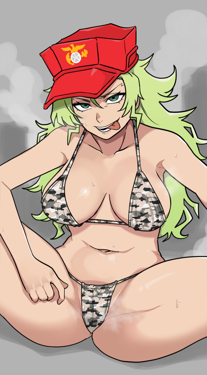 1girls armpits big_breasts bikini bleach bra breasts camo_print camouflage candice_catnipp cleavage confident green_eyes hat legs_apart looking_at_viewer military navel oeoeoe side-tie_bikini sideboob solo_focus spread_legs steam sweat thick_thighs thighs tongue_out