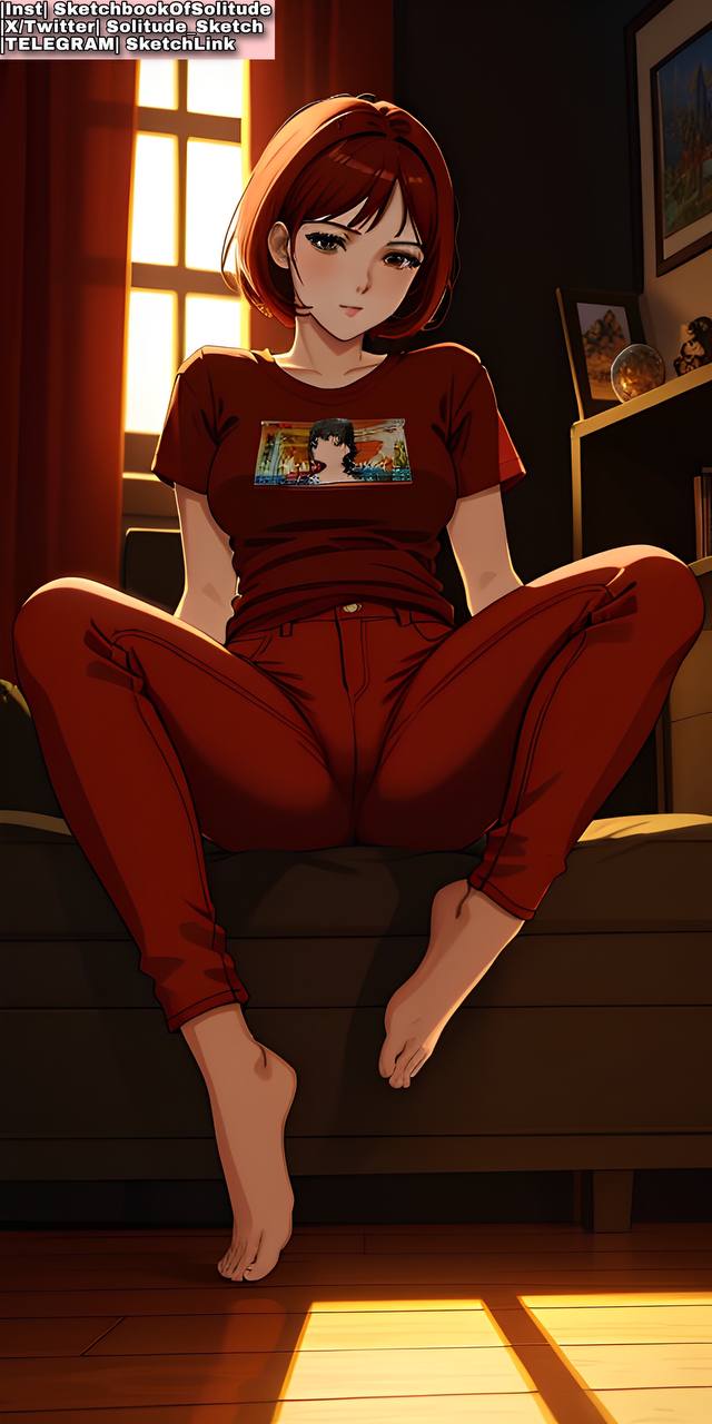 ai_generated ai_hands anime anime_style brown_eyes female female_human female_only girl girls only_female only_girl pussy red_clothes red_clothing red_hair sitting soli_sketch spread_legs