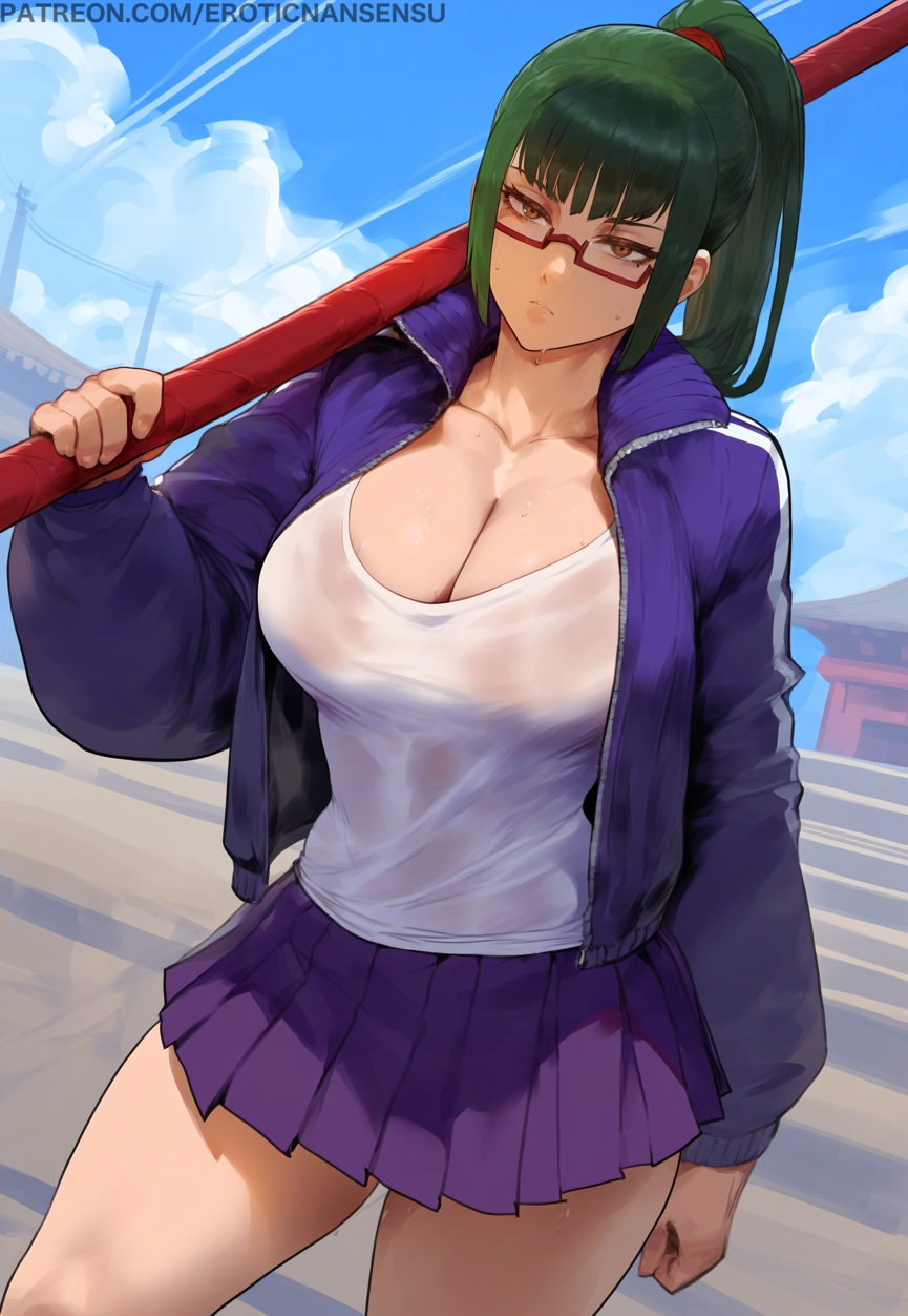 ai_assisted ai_generated artist_name big big_breasts big_thighs blunt_bangs brown_eyes brown_hair cleavage clothed clothing color east_asian_architecture erotic_nansensu eyewear from_below glasses green_hair holding_spear holding_weapon jacket jujutsu_kaisen large_breasts looking_at_viewer miniskirt open_jacket outdoors patreon_username pleated_skirt polearm ponytail school_uniform skirt solo spear sweat tank_top thick_thighs track_jacket under-rim_eyewear weapon weapon_over_shoulder white_shirt zenin_maki