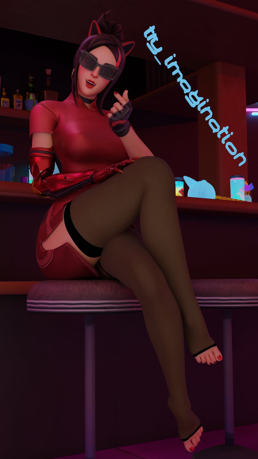 bar blush breasts choker clothed clothed_female clothing come_hither come_hither_gesture crossed_legs demi_(fortnite) feet fortnite fully_clothed fully_clothed_female head_tilt legwear looking_at_viewer pink_toenails sunglasses tinted_eyewear try_imagination