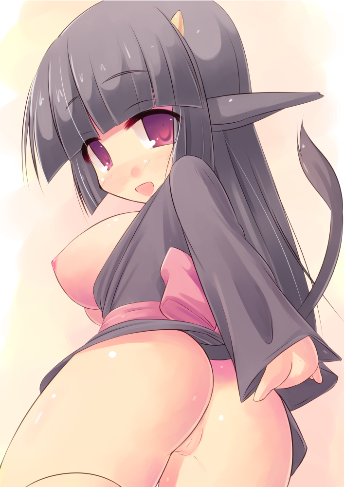 ass black_hair blush bottomless breasts clothing cow_ears cow_tail female hair horn human japanese_clothing kimono kourourin long_hair looking_at_viewer looking_back mammal nipples plain_background pussy red_eyes solo